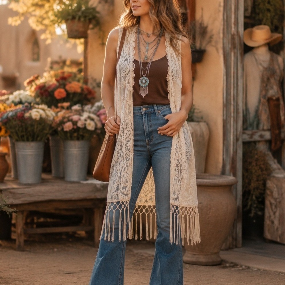 Ivory Floral Lace Duster Vest with Fringe Hem Sleeveless Open Front Boho Long